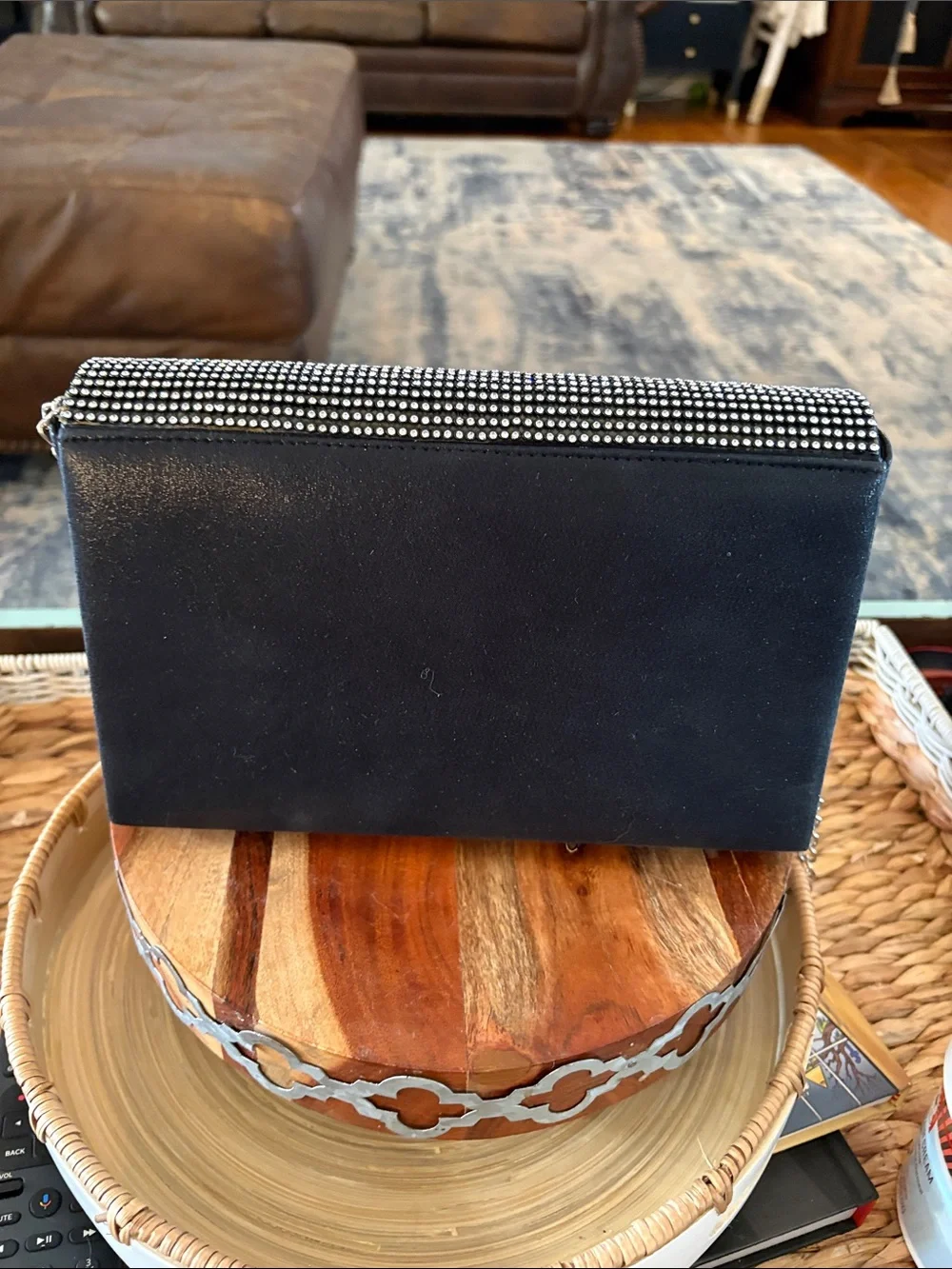 Rhinestone Chain-Handle Black Evening Clutch